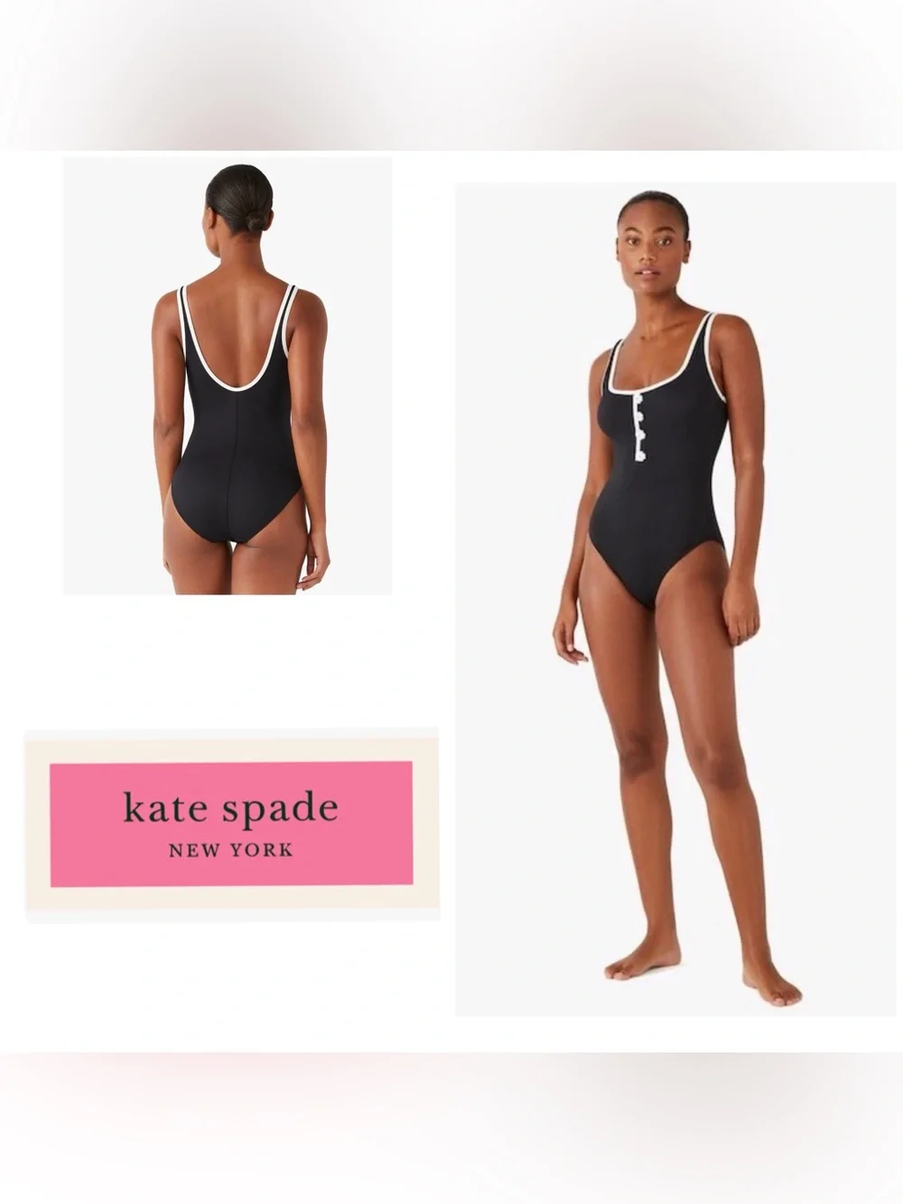 NWOT $200 KATE SPADE Women S Black One-Piece Swimsuit White Trim Button Placket